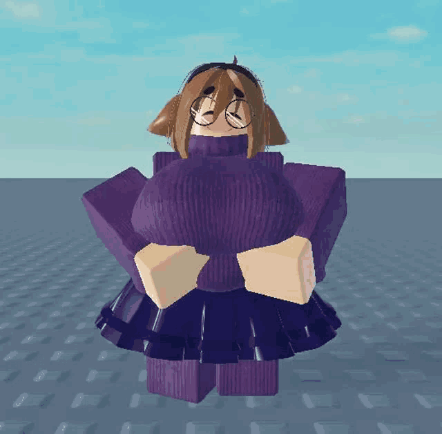 a cartoon character wearing a purple sweater and a purple dress
