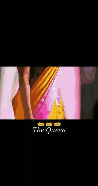 a woman is wearing a yellow and pink saree with the words the queen written on the bottom