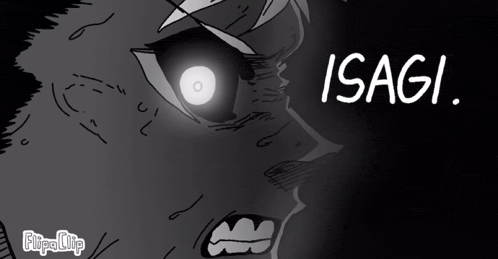 a black and white drawing of a person with the word isagi in white