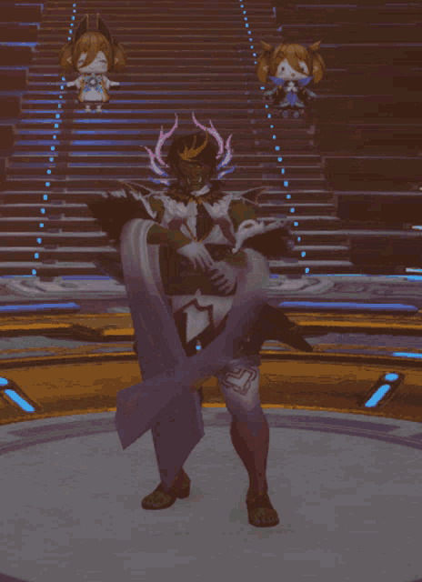 a video game character is standing in front of stairs with two other characters