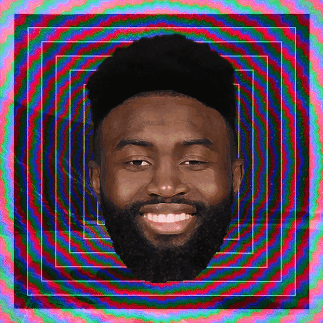 a man with a beard is surrounded by a colorful circle