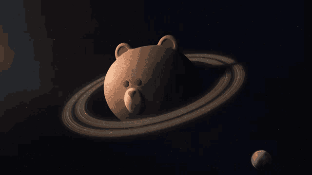 a brown teddy bear with a ring around its head in space