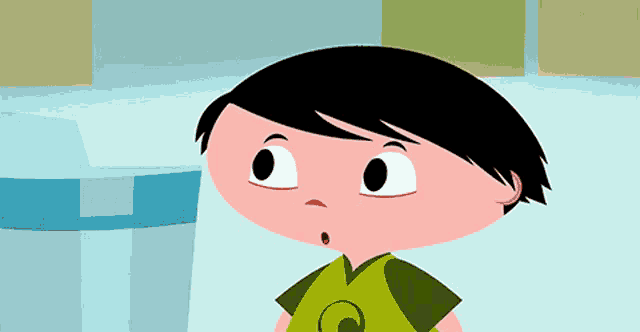 a cartoon character has a green shirt with a swirl on the front