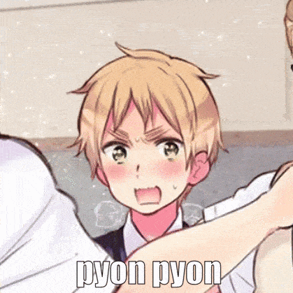 a cartoon of a boy with a surprised look on his face and the words pyon pyon written above him .