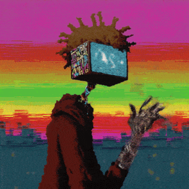 a painting of a person with a tv on their head that says ' i love you ' on it