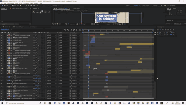 a screenshot of adobe after effects shows a blue banner that says our system is broken