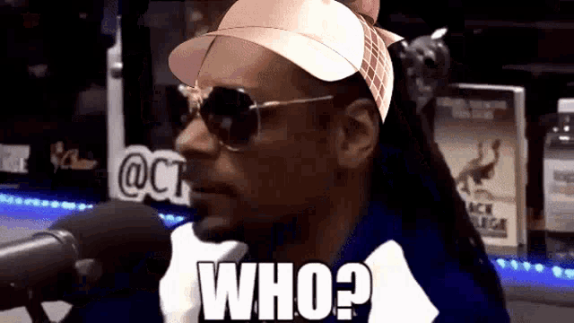 snoop dogg is wearing sunglasses and a hat and says who