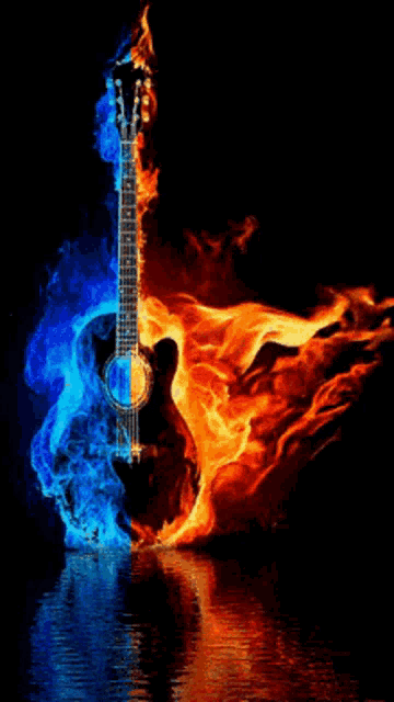 a guitar is surrounded by blue and red fire