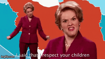 a woman in a red suit is standing in front of a map and says " i said that i respect your children "