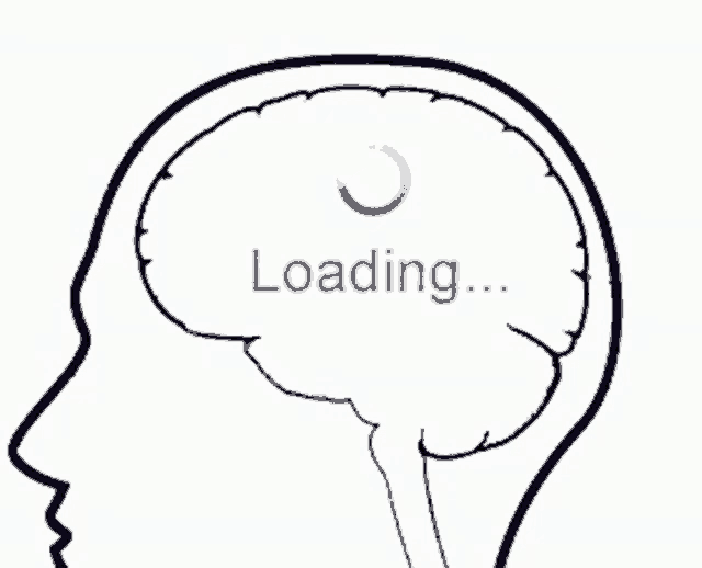 a black and white drawing of a brain with a loading sign