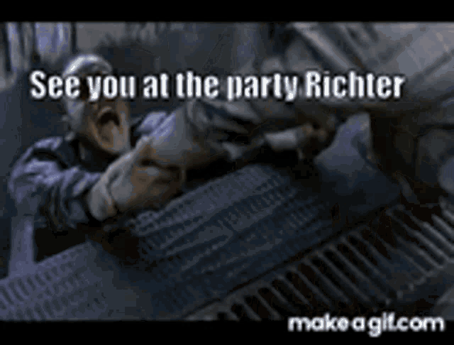 two men shaking hands with the words `` see you at the party richter '' in the background .