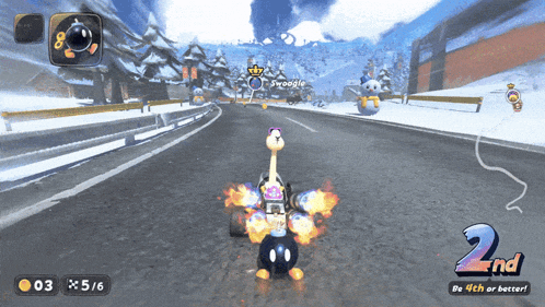 a video game screen shows a bomb driving down a snowy road