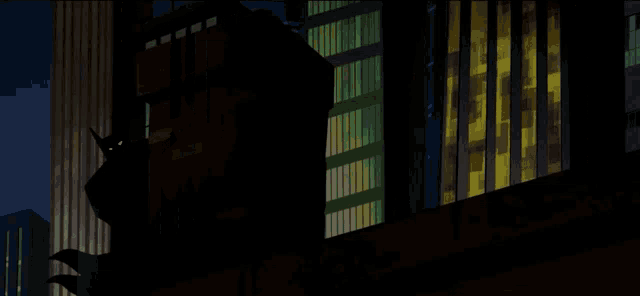 a cartoon drawing of a city at night with a lot of windows .