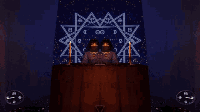 a computer generated image of two people sitting at a table with candles in front of a sign that says ii