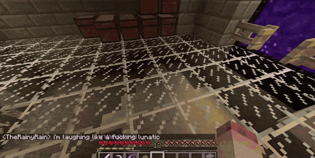 a screenshot of a minecraft game shows a person laughing like a fucking lunatic