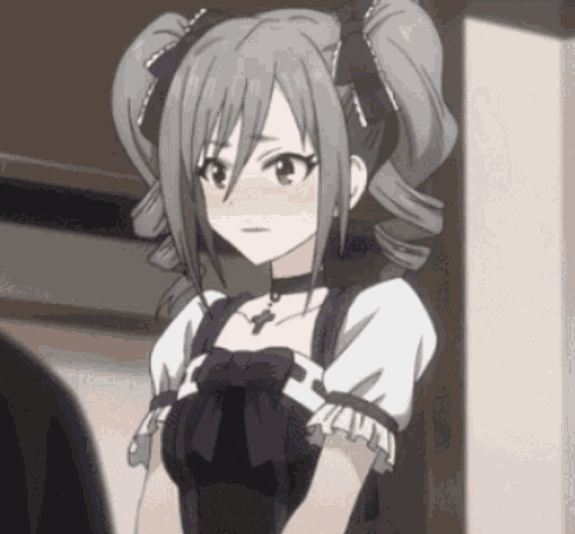 a girl with pigtails and a choker has a cross necklace