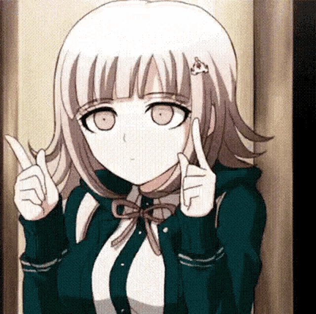 a girl in a green jacket is giving a peace sign with her fingers .