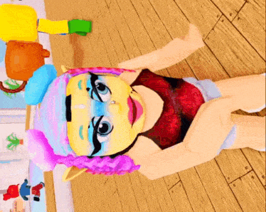 a cartoon girl is laying on a wooden floor wearing a pink and yellow hat .
