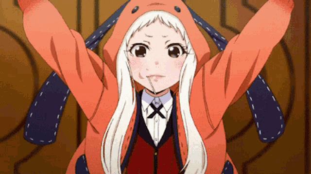 a girl with white hair is wearing an orange jacket with a bunny hood