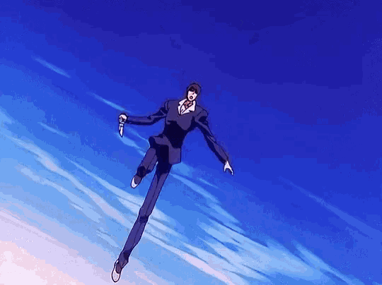 a man in a suit is flying through a blue sky