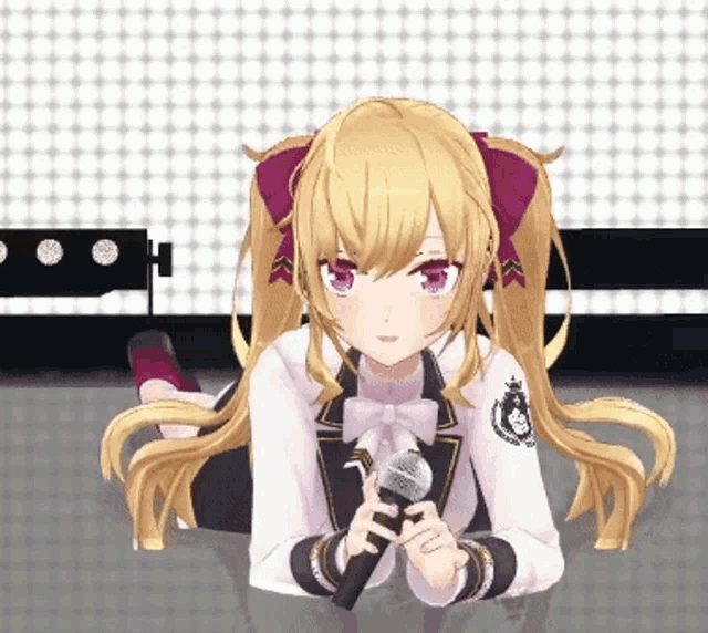a girl with blonde hair and purple eyes is laying down holding a microphone