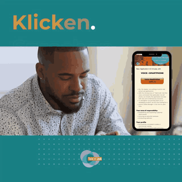 a man is looking at a cell phone with the words klicken on the bottom