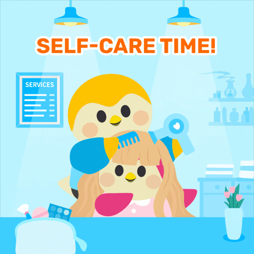 a cartoon of a bird combing a girl 's hair with the words self-care time