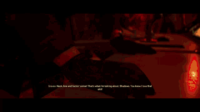 a video game screen shows a man talking to another man