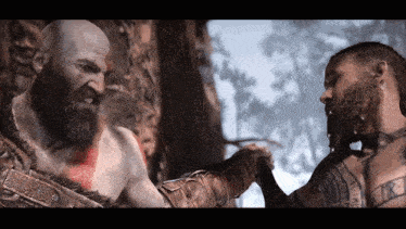 two bearded men shaking hands in a video game scene