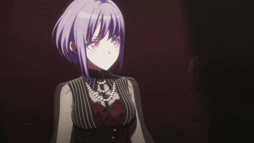 a girl with purple hair and pink eyes is wearing a black and white striped top and a pearl necklace