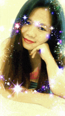 a woman with a hand on her chin is surrounded by sparks