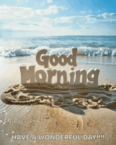 a picture of a beach with the words " good morning " in the sand