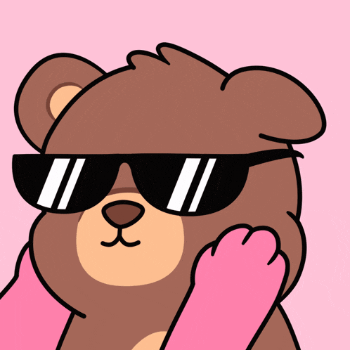 a teddy bear wearing sunglasses has a pink paw on its face