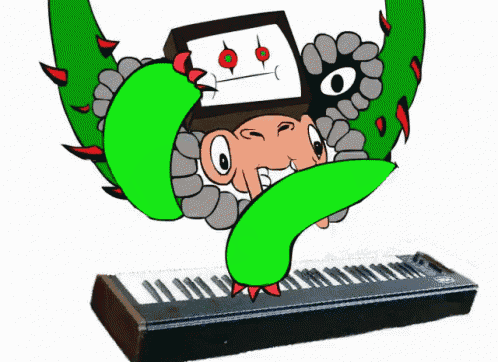 a cartoon character with green arms is playing a piano keyboard