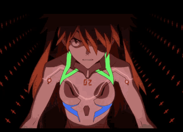 a drawing of a girl with a number 02 on her chest