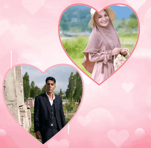 a man in a suit and a woman in a pink hijab are surrounded by pink hearts