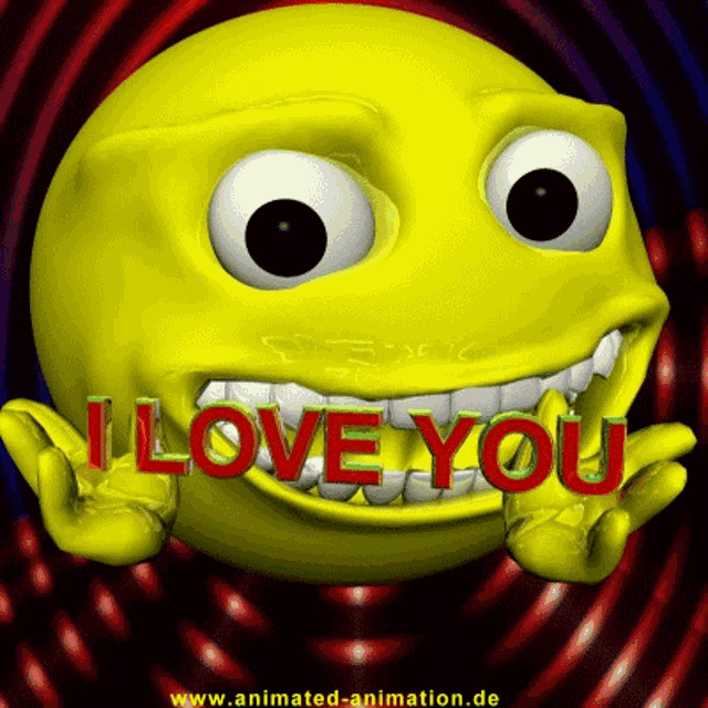 a yellow smiley face says i love you in red
