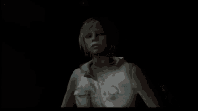 a video game character is standing in the dark with blood on her chest .