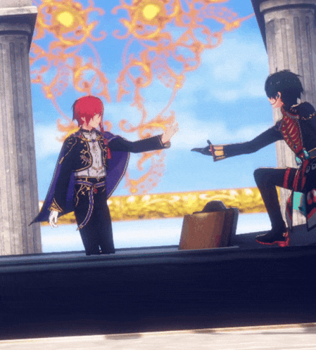 a man in a purple cape reaches out to another man in a black suit