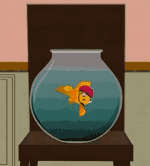 a cartoon goldfish wearing a red hat is in a bowl