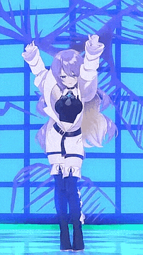 a purple haired anime girl is dancing in front of a blue wall