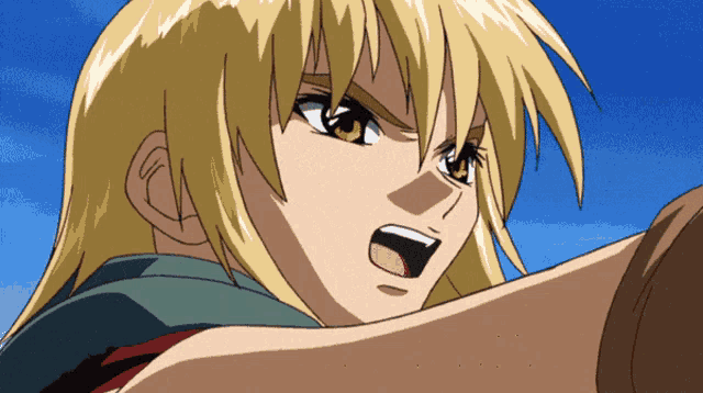 a close up of a blonde anime character with a blue sky behind her