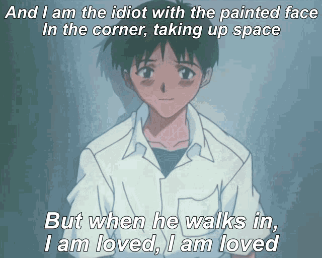 a cartoon of a boy with the words " and i am the idiot with the painted face in the corner taking up space " below him