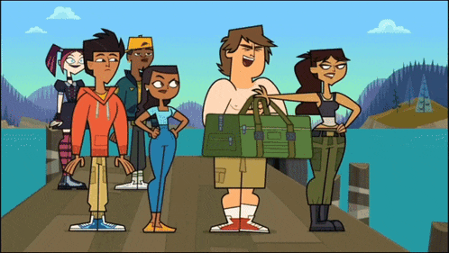 a group of cartoon characters standing on a dock with a man holding a green bag