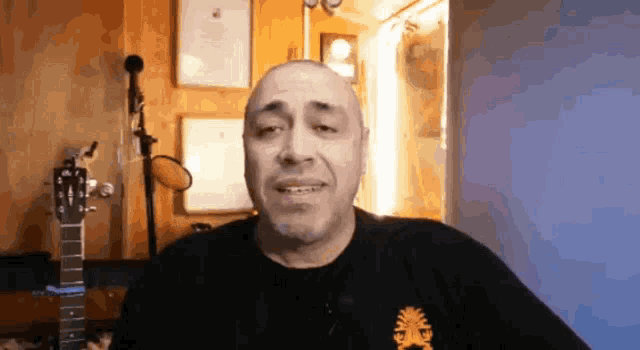 a bald man wearing a black shirt with a pineapple on it stands in front of a guitar