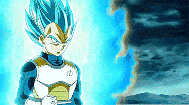 a cartoon character with blue hair and a white shirt is standing in front of a blue sky .