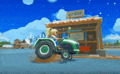 a girl is driving a green tractor in front of a building that says gedot