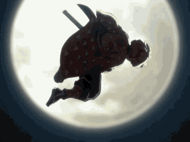 a silhouette of a person flying in the air with a full moon in the background