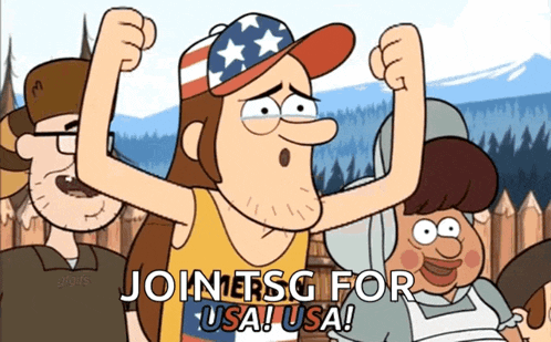 a cartoon of a man wearing an american flag hat with the words joinetsg for usa