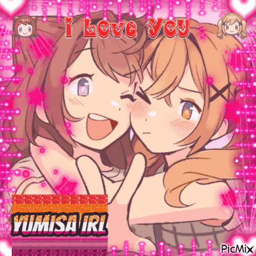 a picture of two anime girls hugging with the words " i love you " written in red